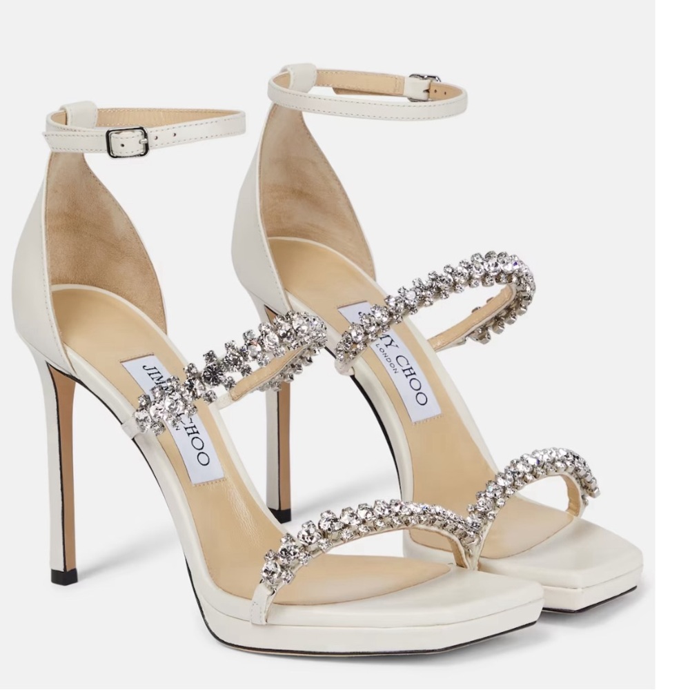 JIMMY CHOO WHITE HEELS DXCELLENT CONDITION BING 105 SANDALS CRYSTAL